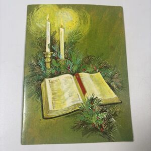 Vintage Embossed Christmas Card Bible Candles Holly Religious Gibson GEO 1960s